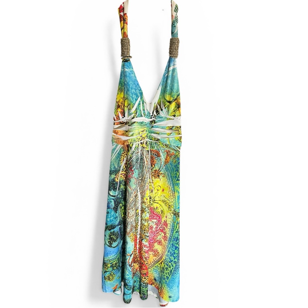 Cristinalove Turquoise and Yellow Halter Beachy Tropical Dress with Rhinestones - Picture 2 of 14